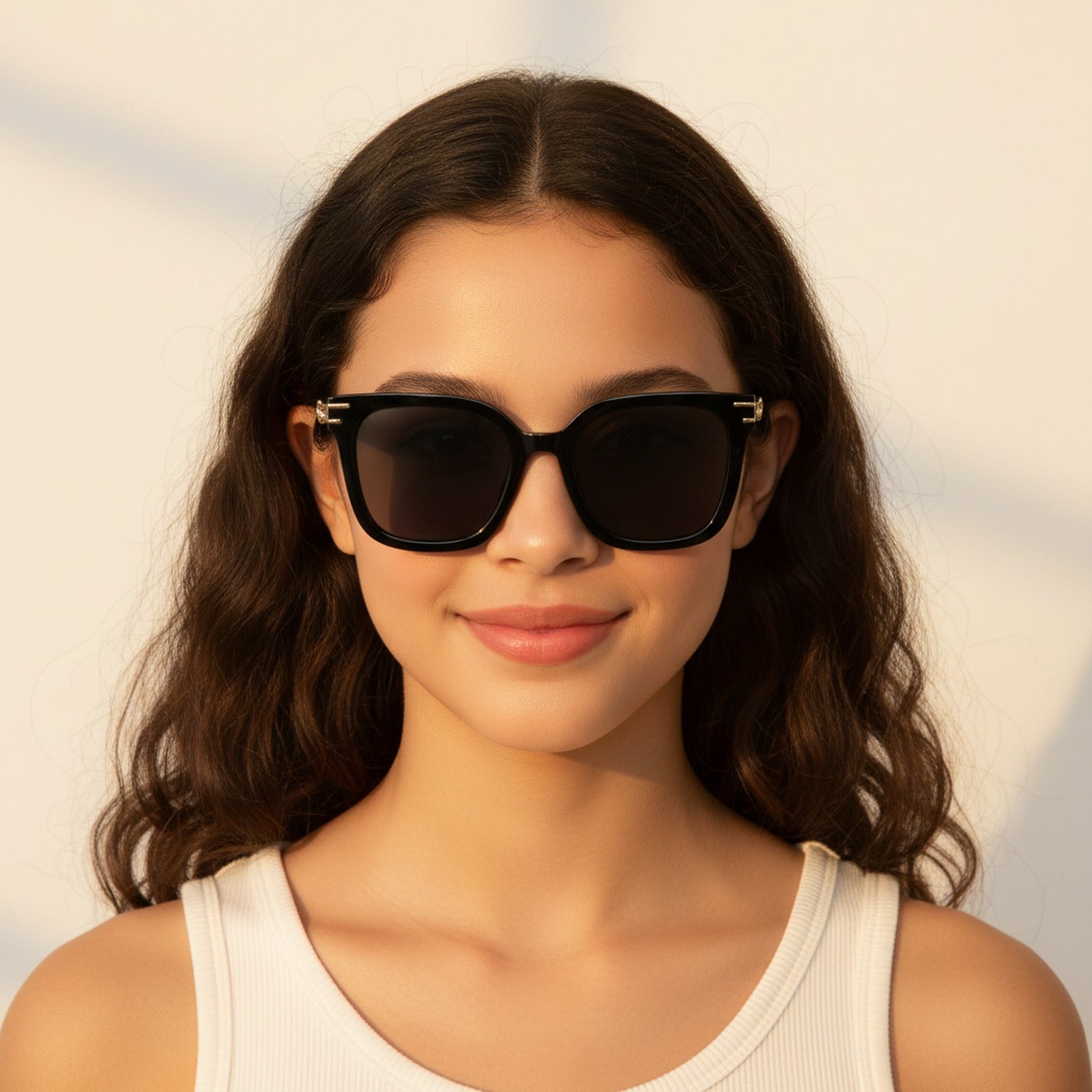 Black Square Sunglasses With Gold Detail Arms - Black Frame Gray Lens