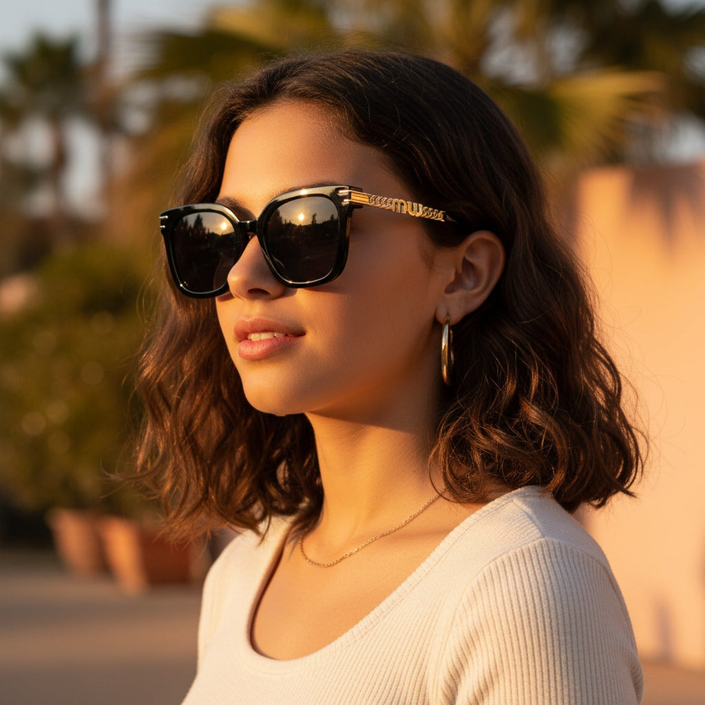 Square Sunglasses With Detail Arms - Black Frame Gray Lens