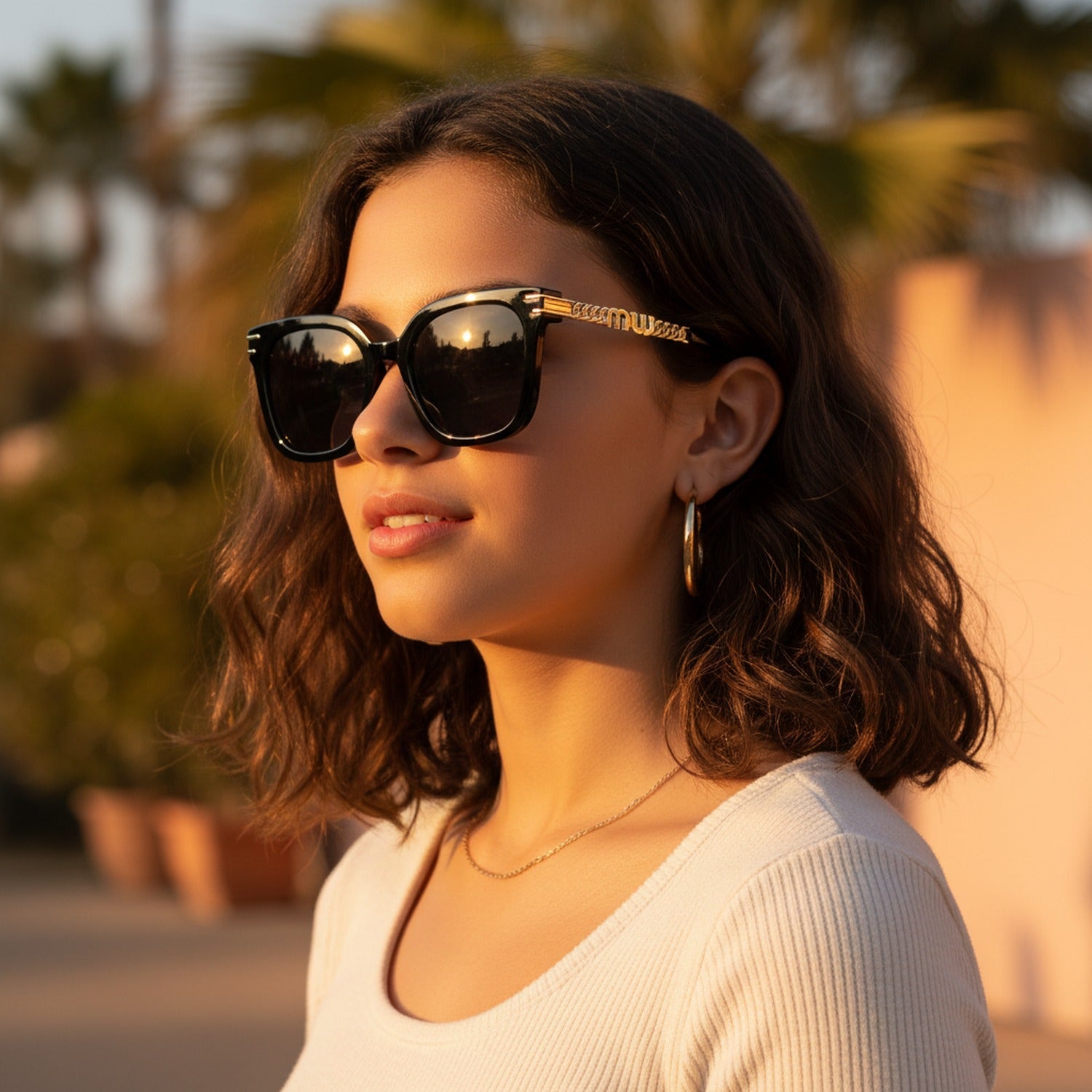 Black Square Sunglasses With Gold Detail Arms - Black Frame Gray Lens