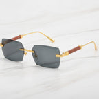 Rectangular Metal Wood Temple Sunglasses - Gold Frame Black Gray Lens