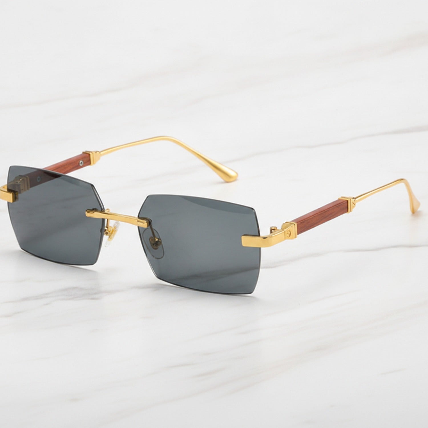 Rectangular Metal Wood Temple Sunglasses - Gold Frame Black Gray Lens