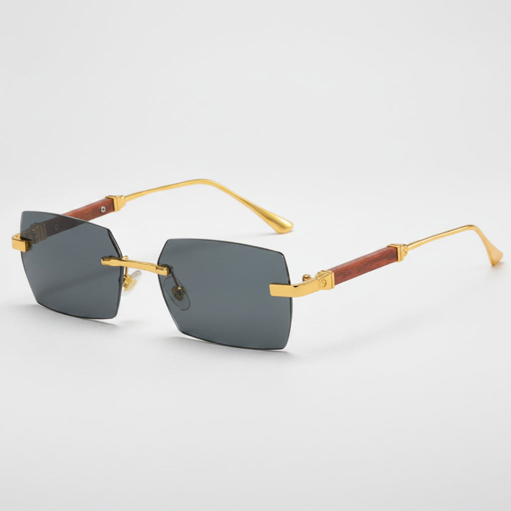 Rectangular Metal Wood Temple Sunglasses - Gold Frame Black Gray Lens