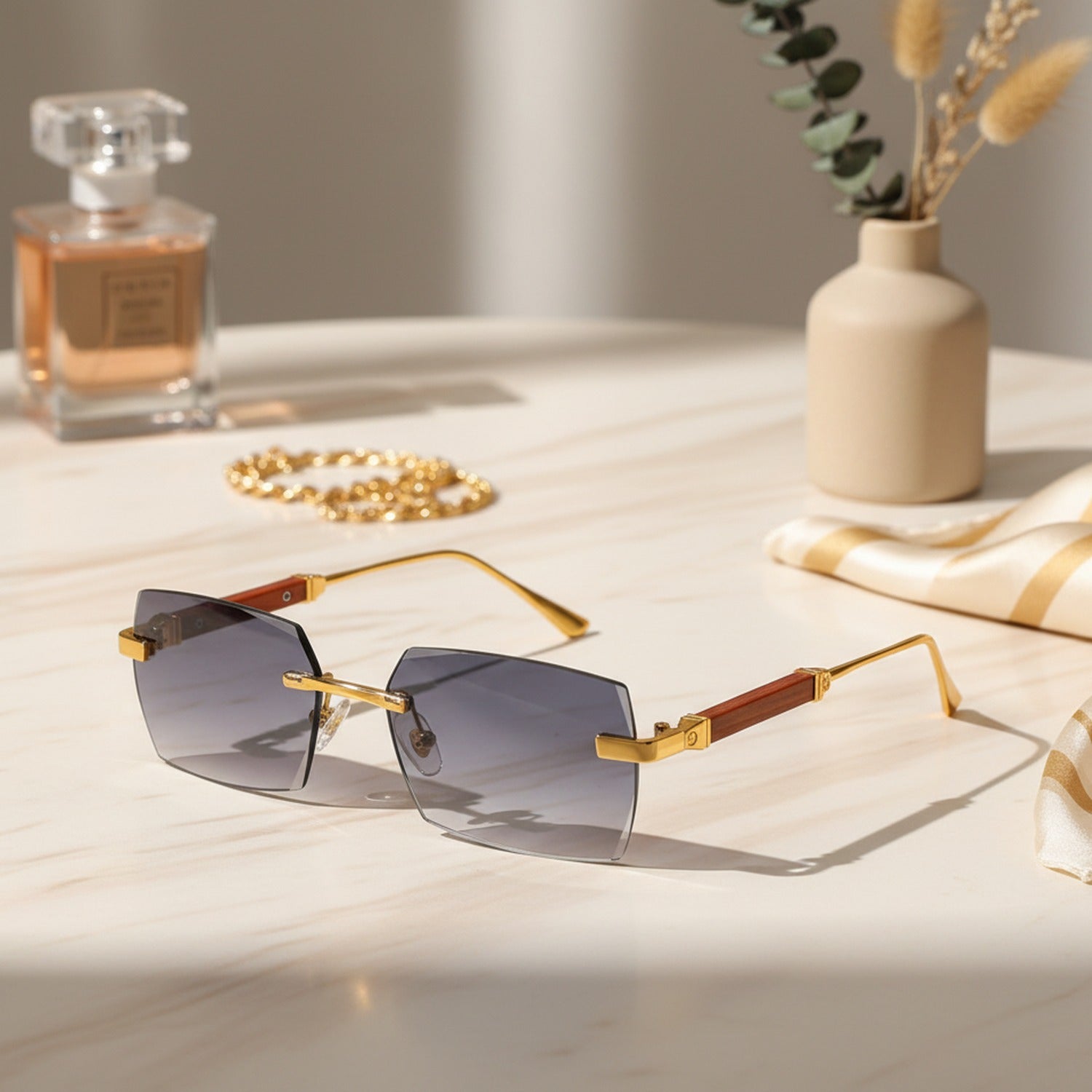 Rectangular Metal Wood Temple Sunglasses - Gold Frame Gradient Gray – eyewear (view 2)