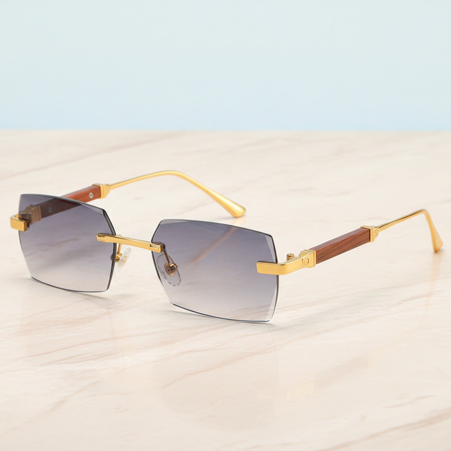 Rectangular Metal Wood Temple Sunglasses - Gold Frame Gradient Gray