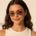 Oval Beaded Black Metal Sunglasses With Tan Lens