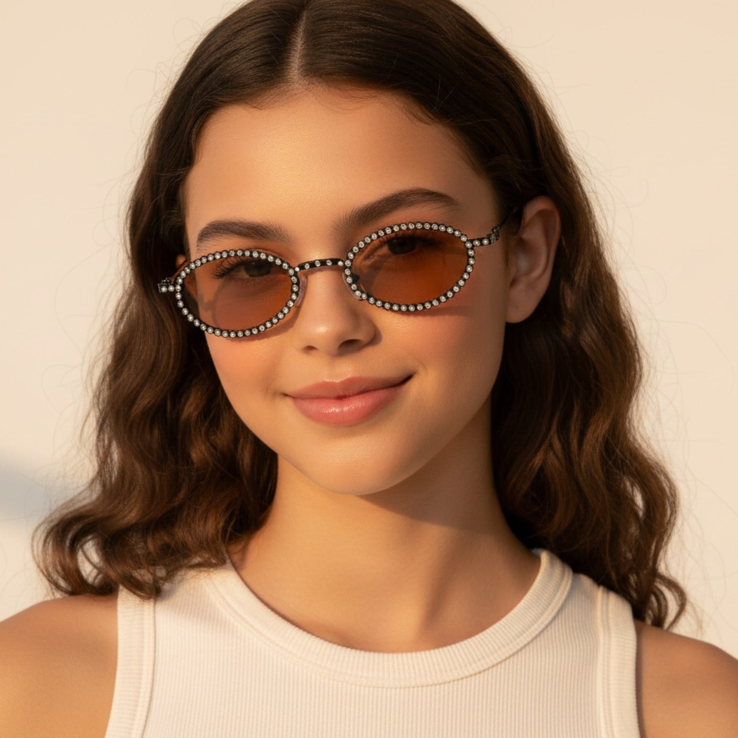 Oval Beaded Black Metal Sunglasses With Tan Lens