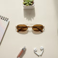 Oval Sunglasses With Geometric Temple Details - Gold Frame Tea Lens