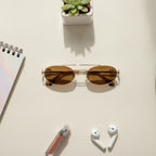 Oval Sunglasses With Geometric Temple Details - Gold Frame Tea Lens