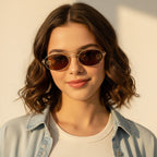 Oval Sunglasses With Geometric Temple Details - Gold Frame Tea Lens