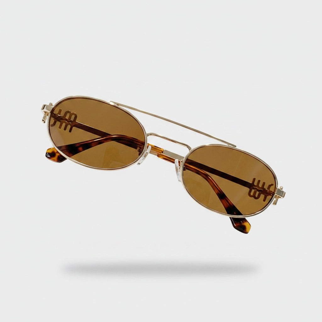 Oval Sunglasses With Geometric Temple Details - Gold Frame Tea Lens – eyewear (view 1)