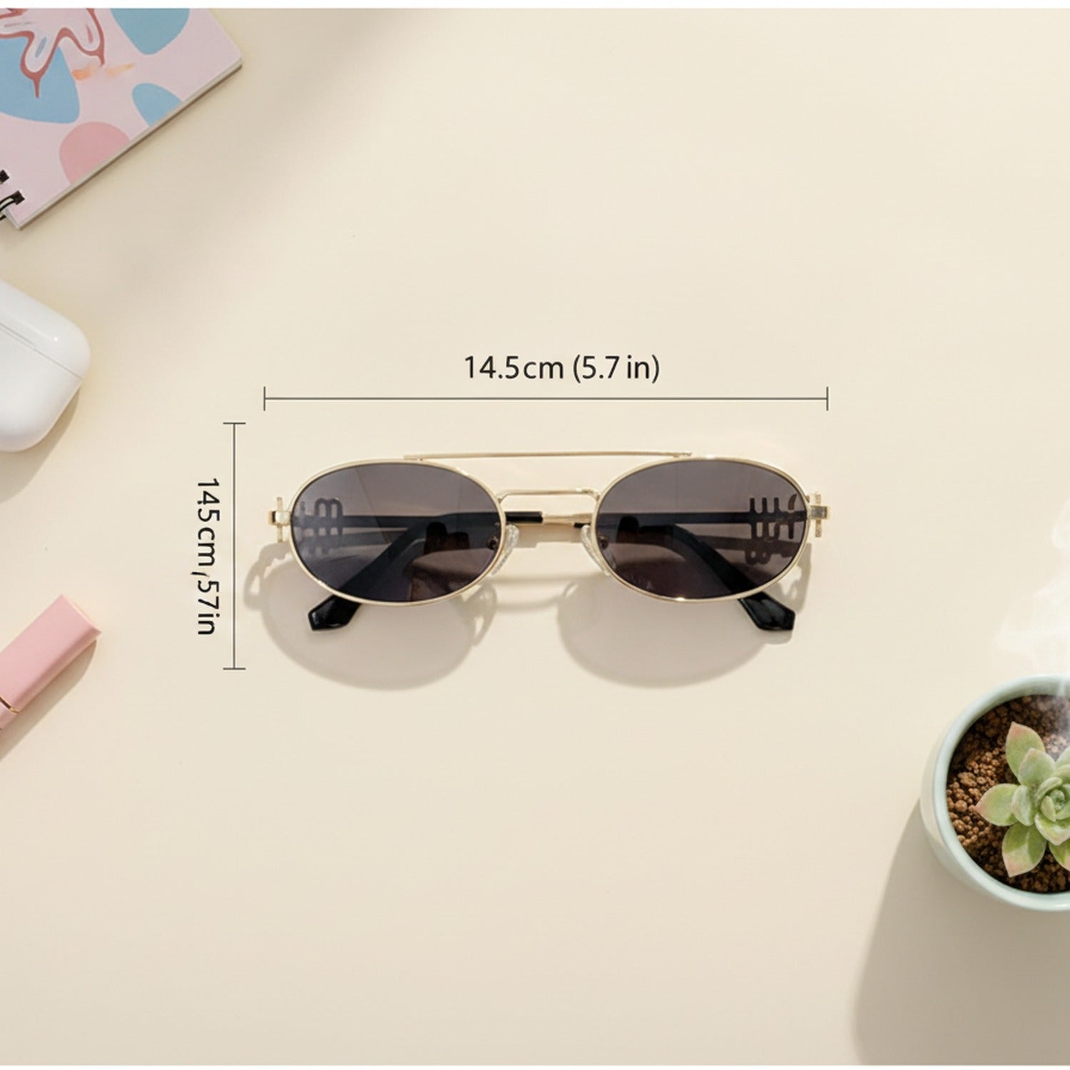 Oval Sunglasses With Geometric Temple Details - Gold Frame Black Gray Lens