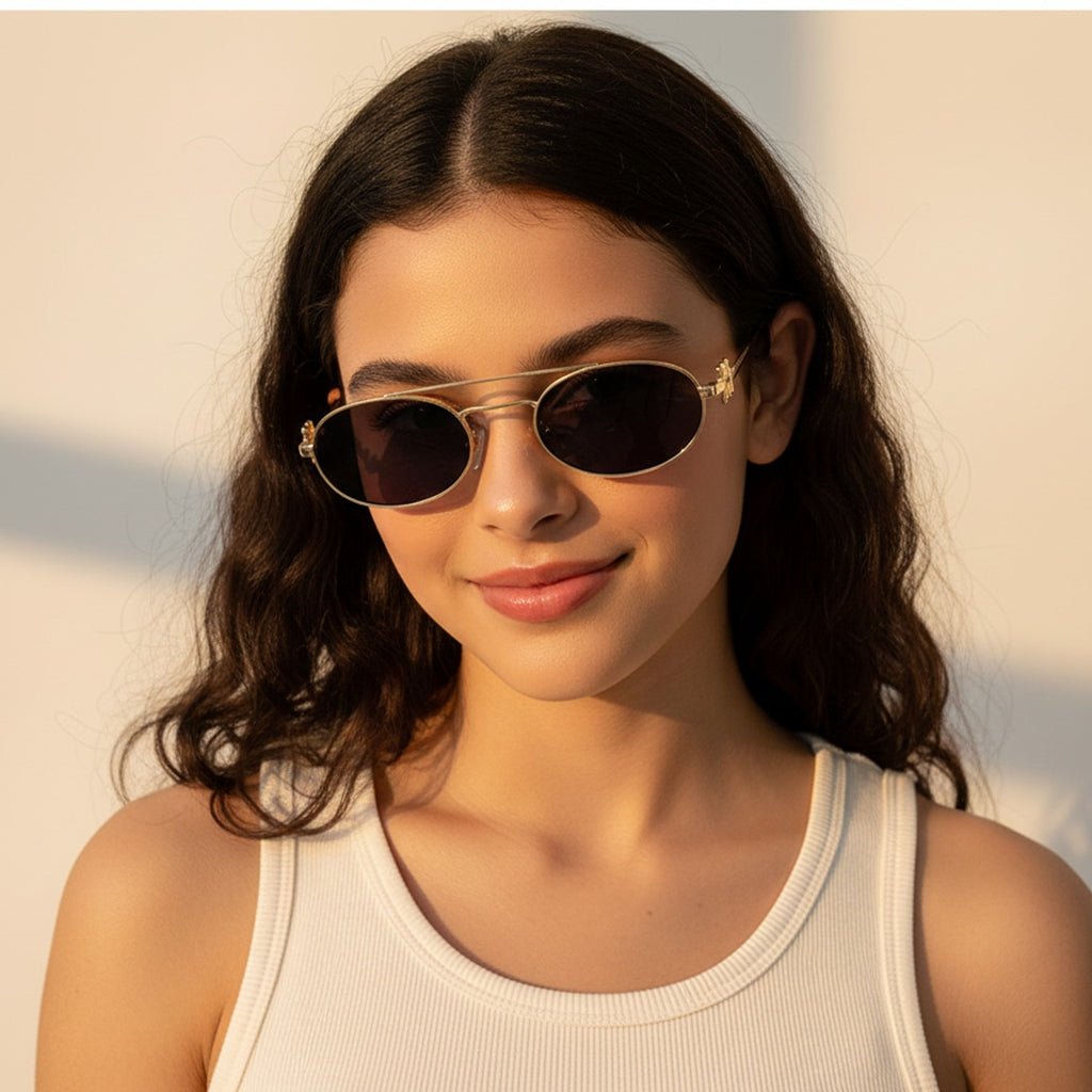 Gold Oval Sunglasses With Geometric Temple Details