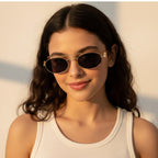 Oval Sunglasses With Geometric Temple Details - Gold Frame Black Gray Lens