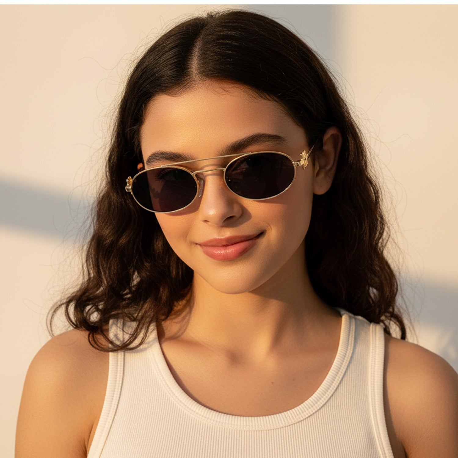 Oval Sunglasses With Geometric Temple Details - Gold Frame Black Gray Lens