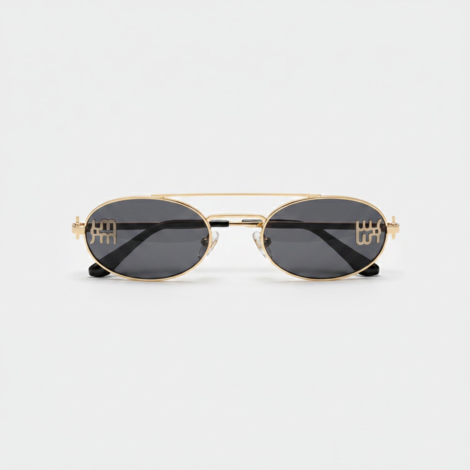 Oval Sunglasses With Geometric Temple Details - Gold Frame Black Gray Lens – eyewear (view 1)