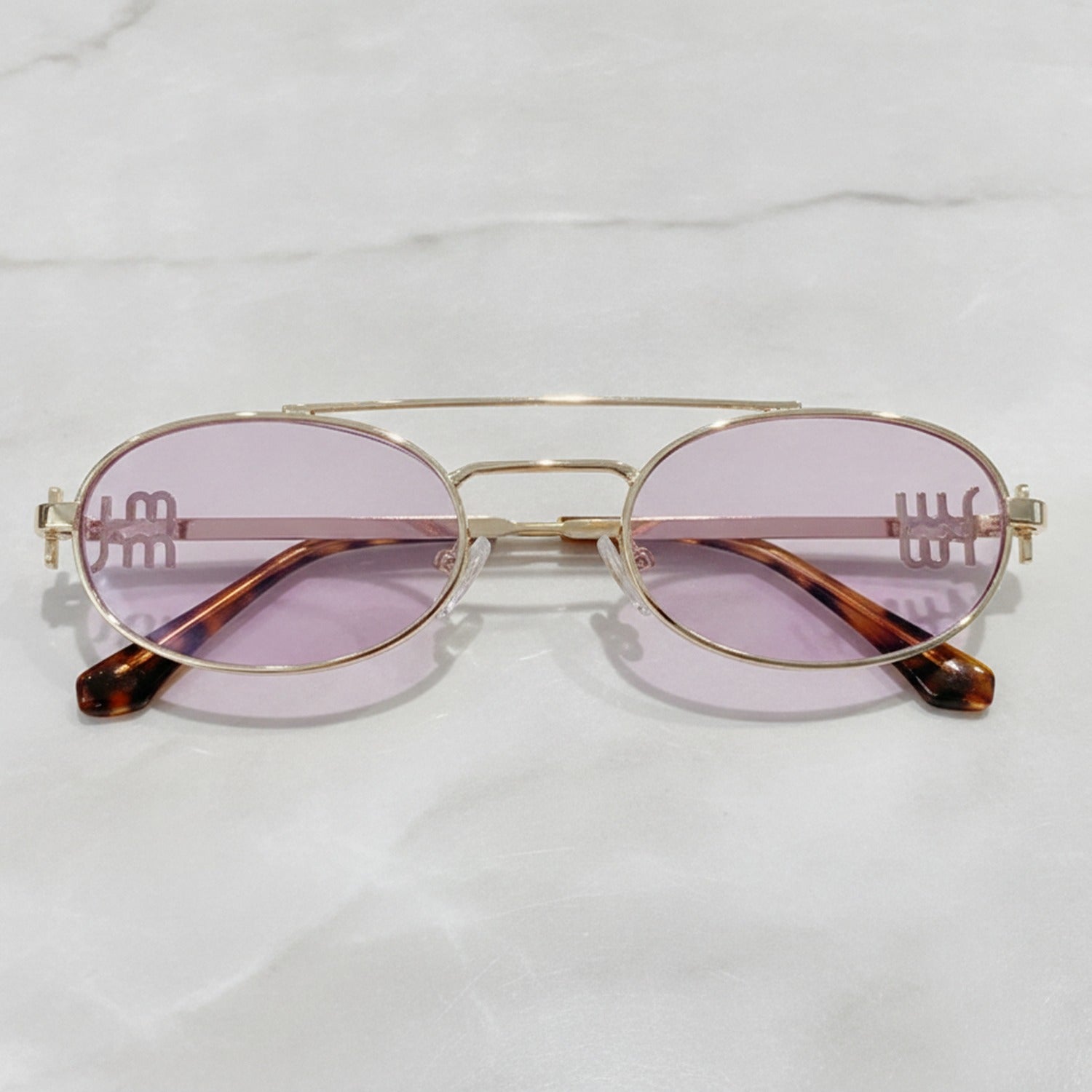 Oval Sunglasses With Geometric Temple Details - Gold Frame Purple Lens