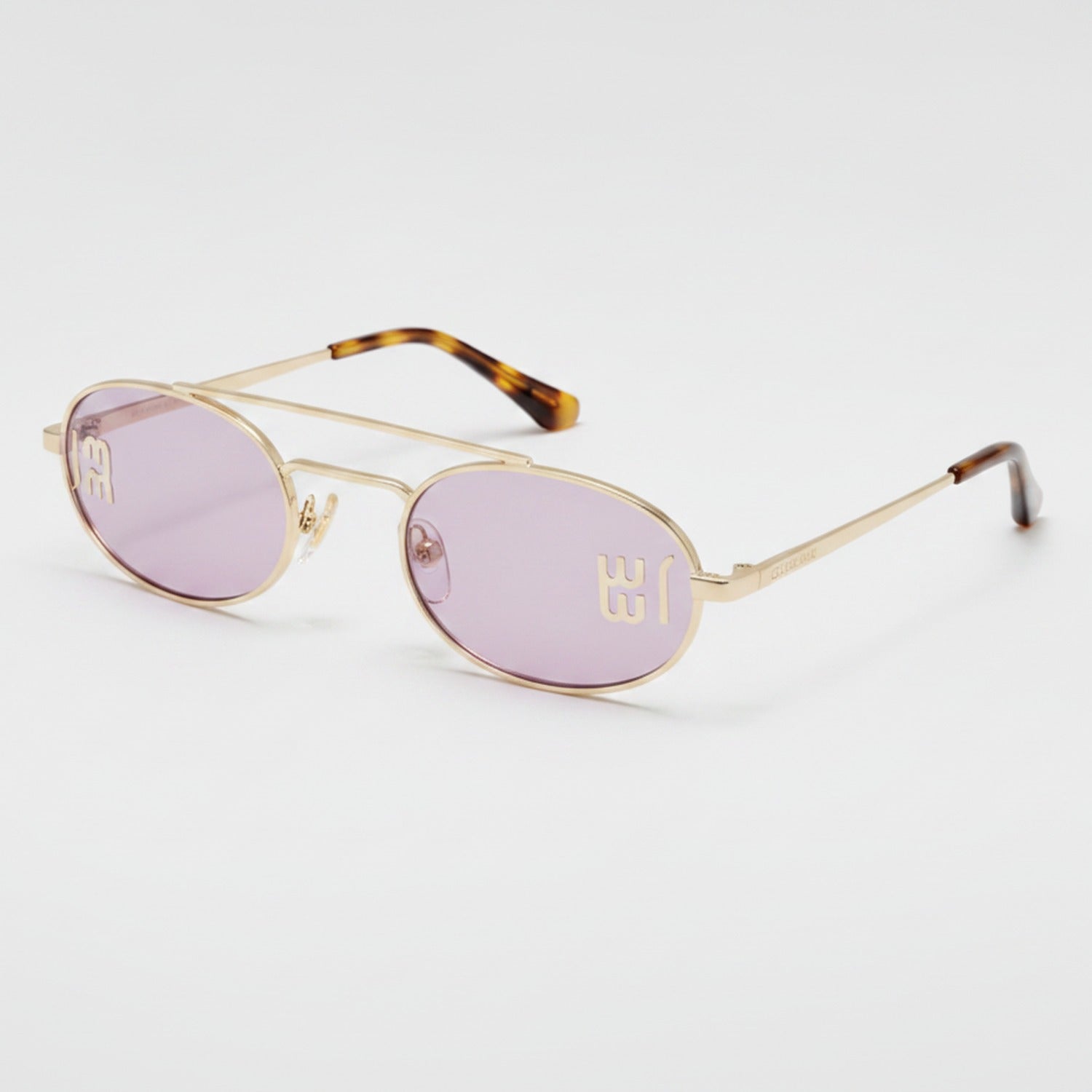Oval Sunglasses With Geometric Temple Details - Gold Frame Purple Lens