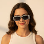 Black Rhinestone Rectangle Sunglasses With Fringe Detail