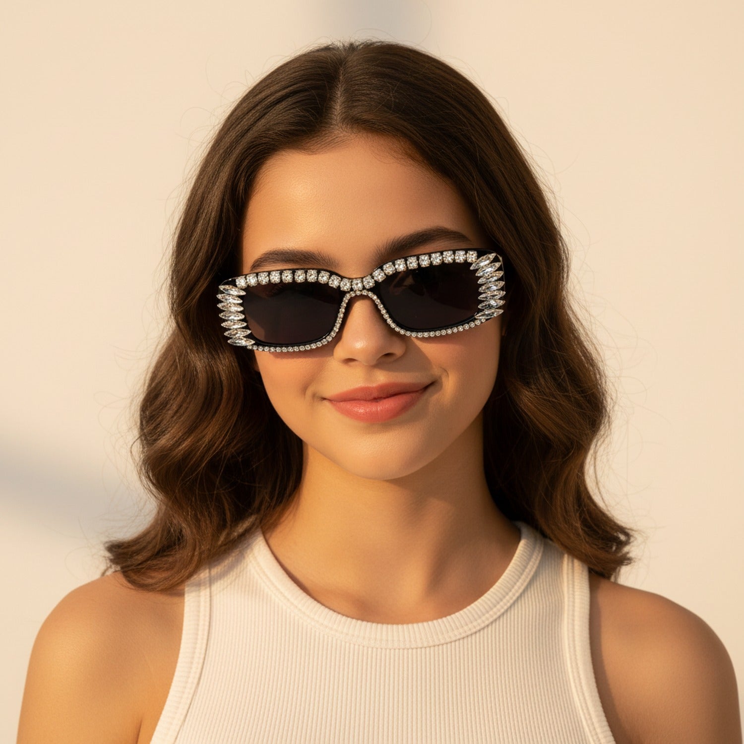 Black Rhinestone Rectangle Sunglasses With Fringe Detail