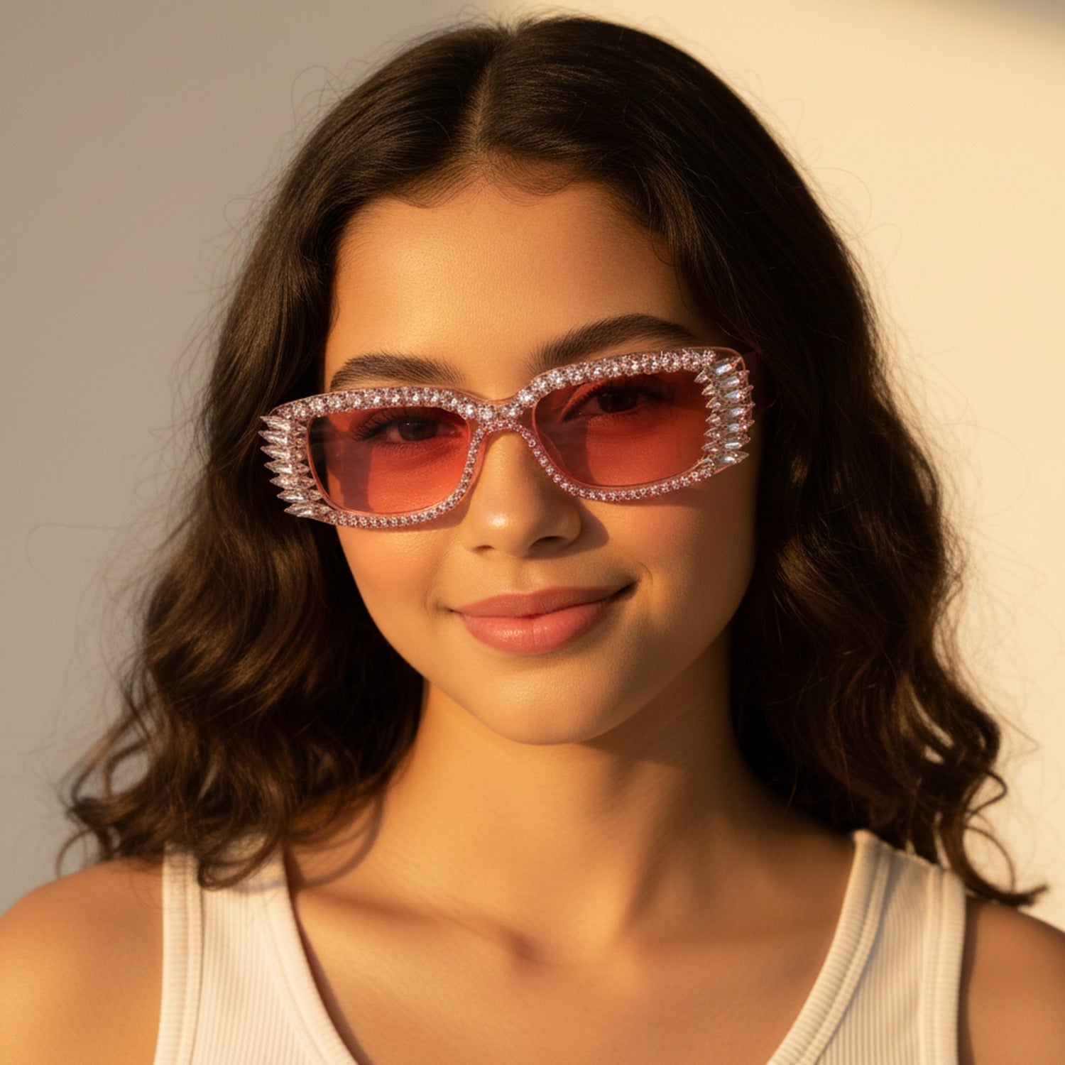 Pink Rhinestone Winged Oval Sunglasses