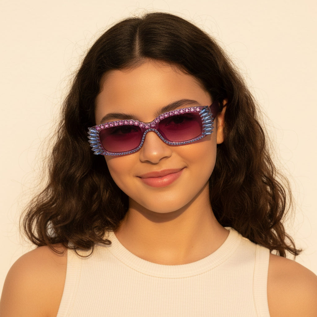 Purple Glitter Oval Sunglasses With Spike Eyelash Details