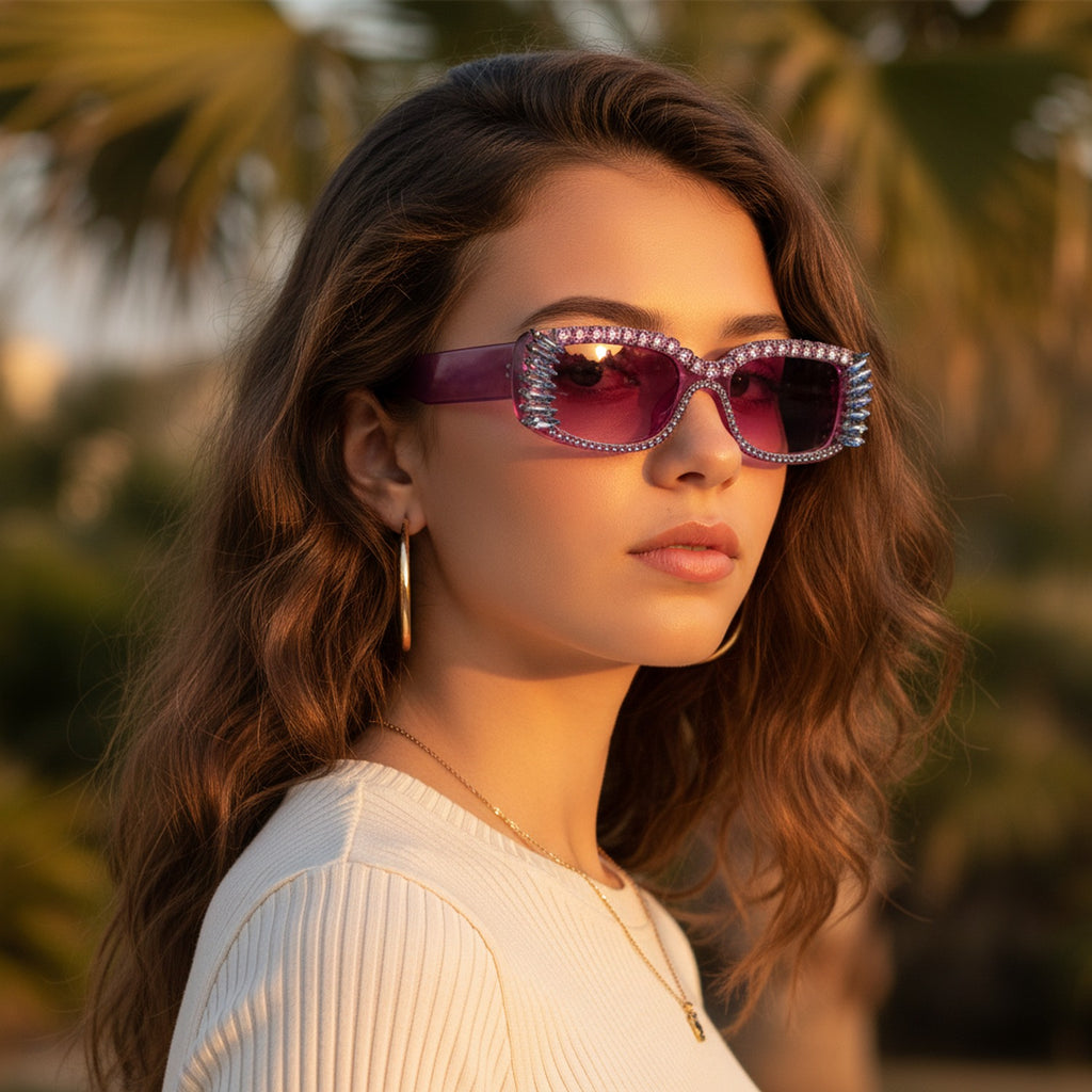 Purple Glitter Oval Sunglasses With Spike Eyelash Details