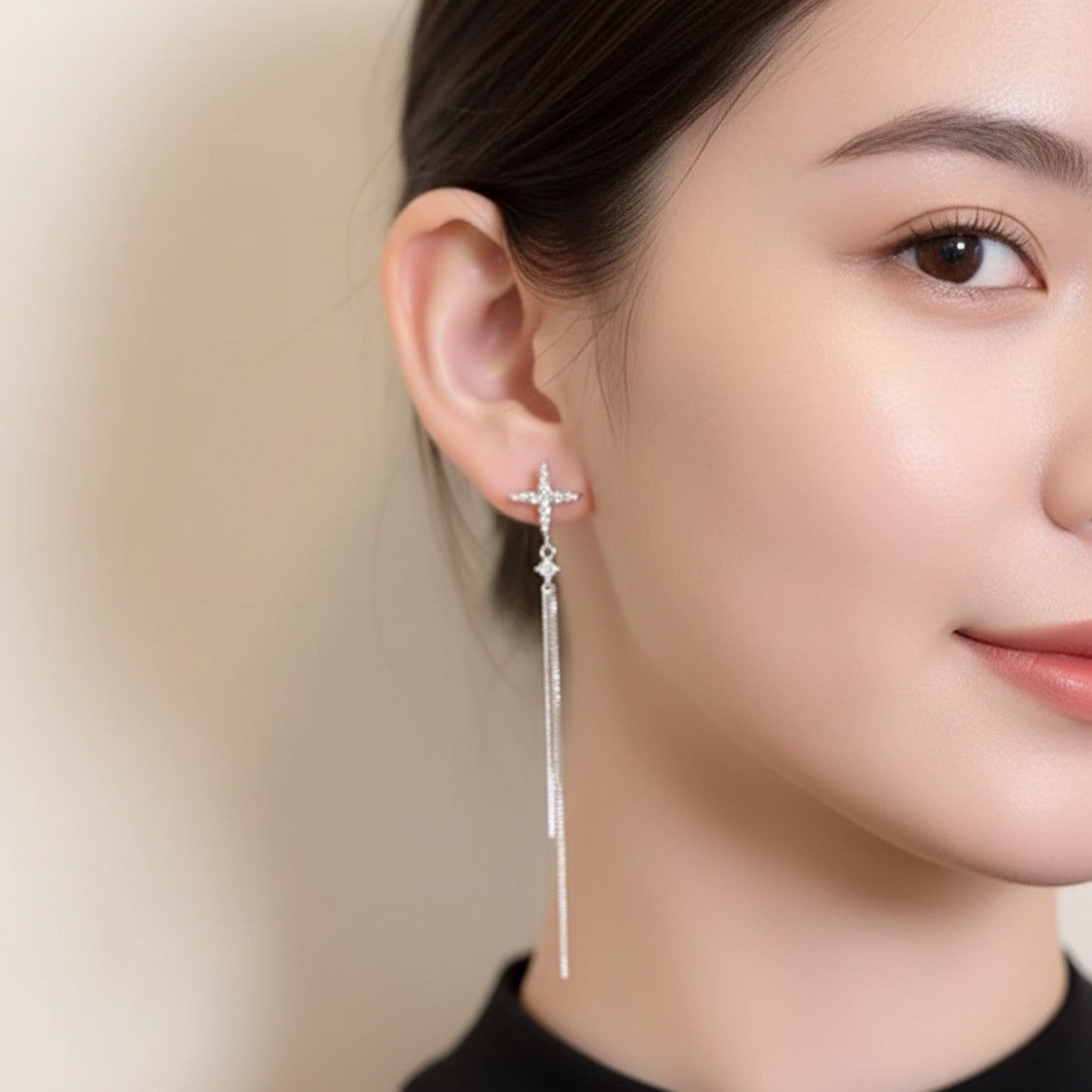 Silver Star Cross Chain Drop Earrings