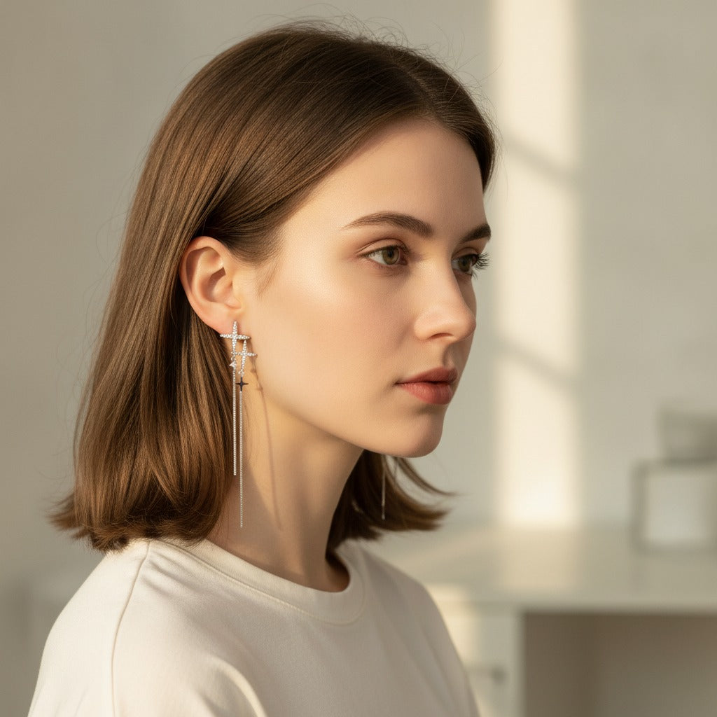 Silver Star Cross Chain Drop Earrings – jewelry