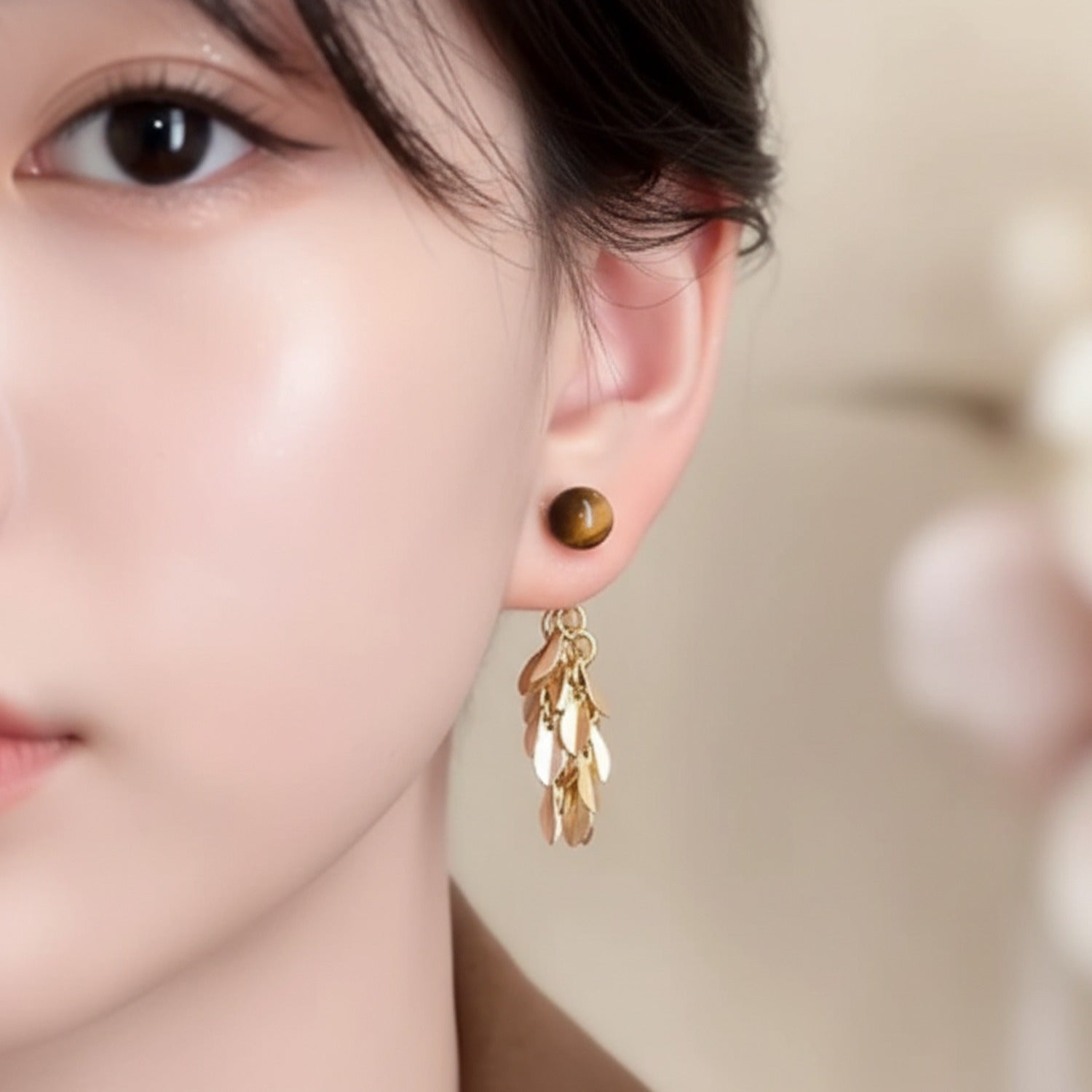 Gold Leaf Cluster Drop Earrings With Tiger Eye Stone