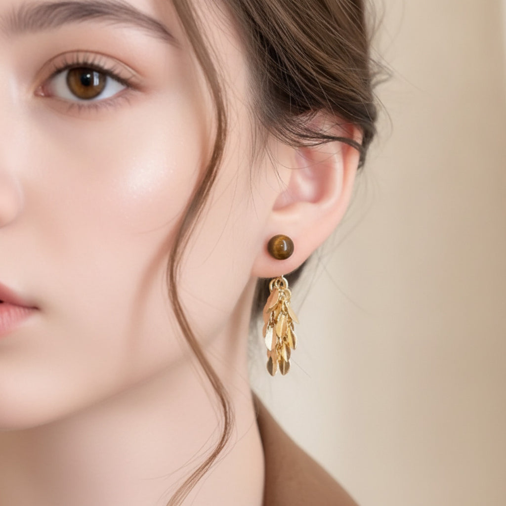 Gold Leaf Cluster Drop Earrings With Tiger Eye Stone – jewelry (view 3)