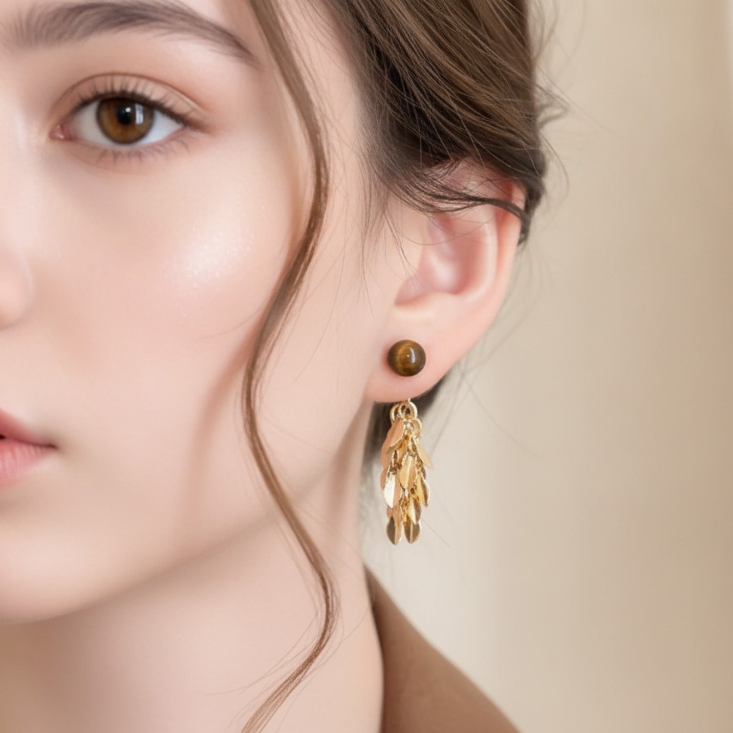 Gold Leaf Cluster Drop Earrings With Tiger Eye Stone