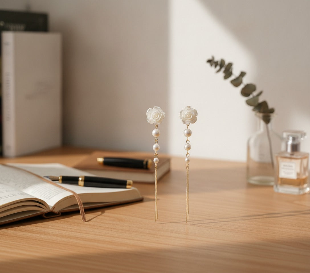 Pearl Rose Flower Chain Threader Earrings