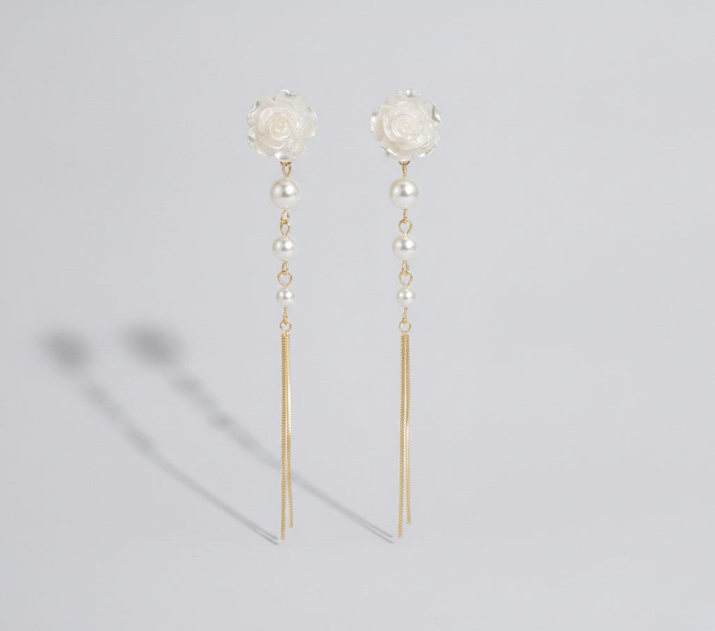 Pearl Rose Flower Chain Threader Earrings – jewelry (view 1)