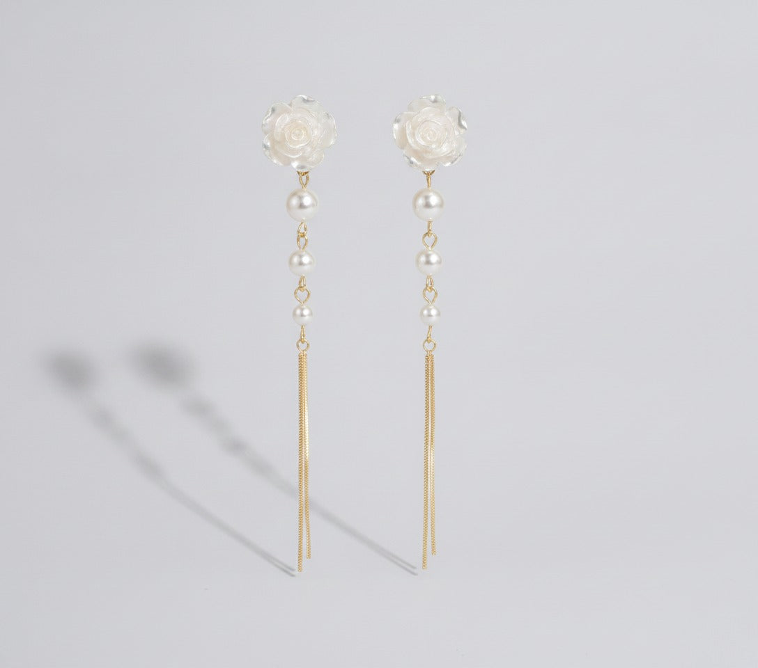 Pearl Rose Flower Chain Threader Earrings