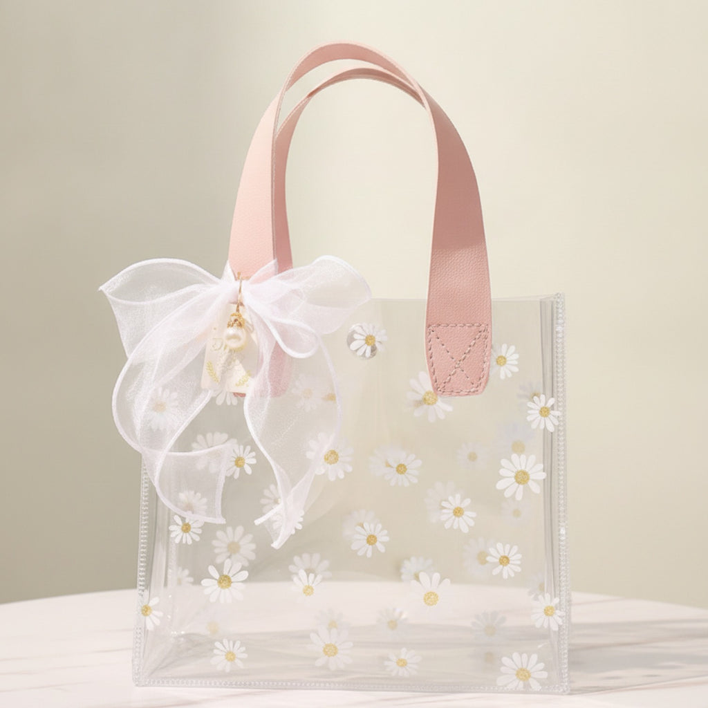 Daisy Clear PVC Gift Bag with Handle - Pink Daisy with Fishtail Tulle Charm Large – apparel accessories (view 2)