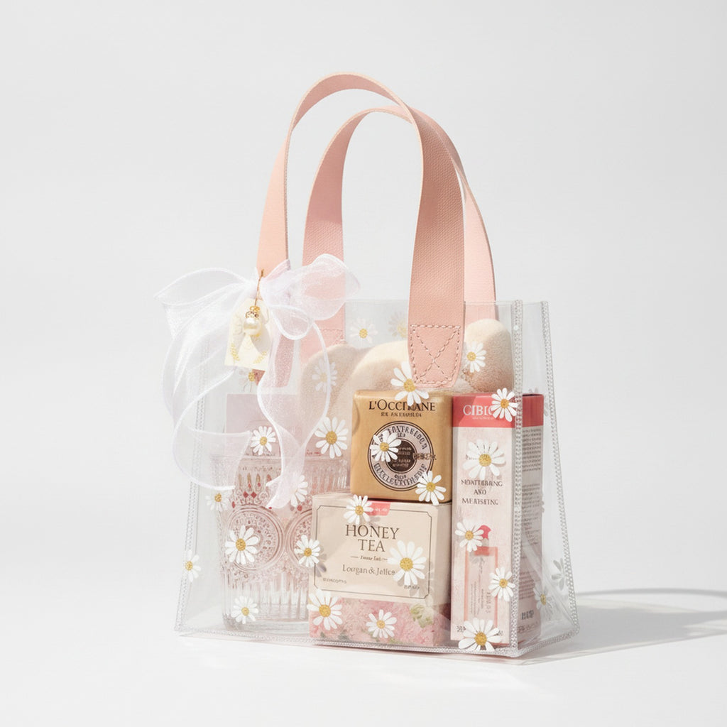 Daisy Clear PVC Gift Bag with Handle - Pink Daisy with Fishtail Tulle Charm Large – apparel accessories (view 1)