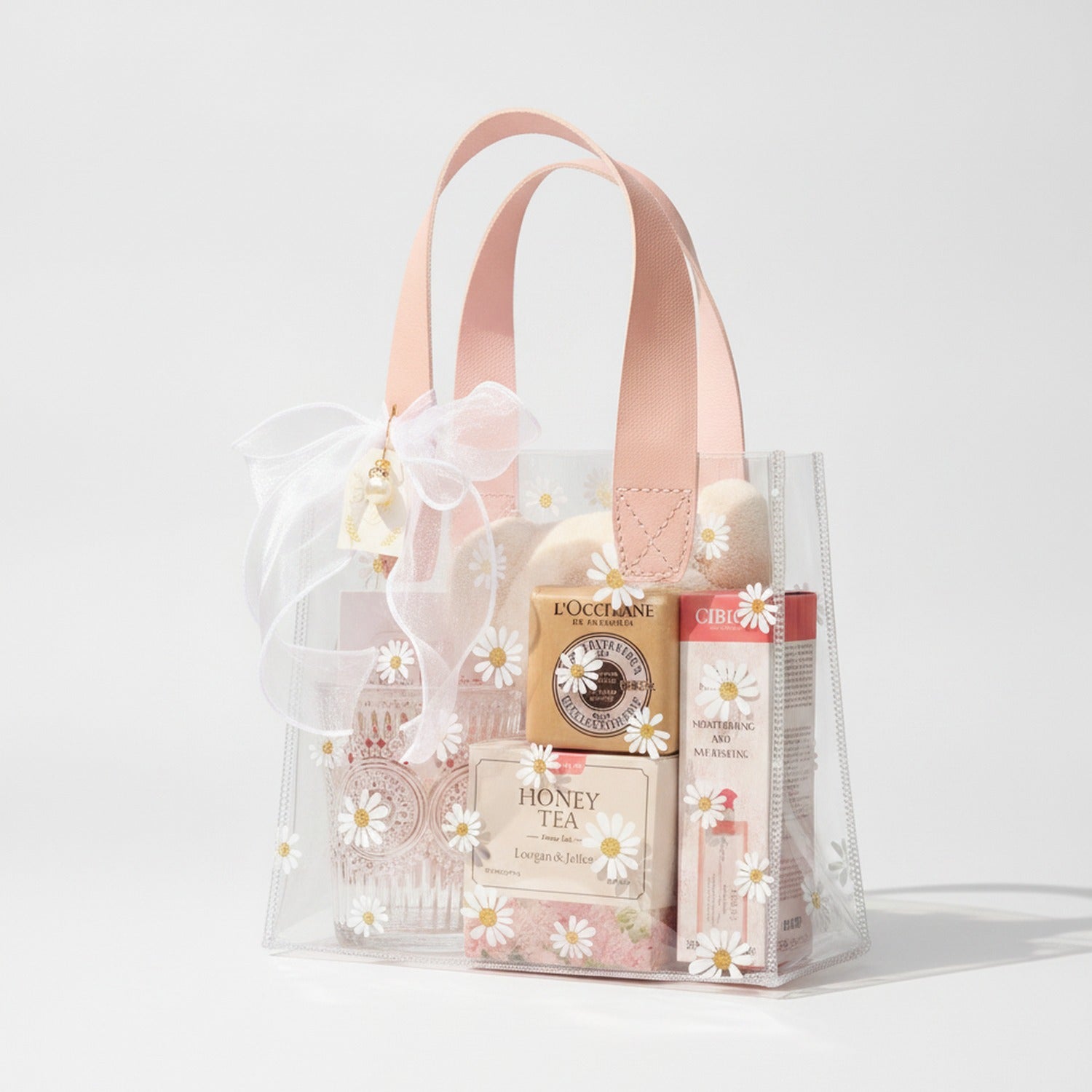 Daisy Clear PVC Gift Bag with Handle - Pink Daisy with Fishtail Tulle Charm Large – apparel accessories (view 1)