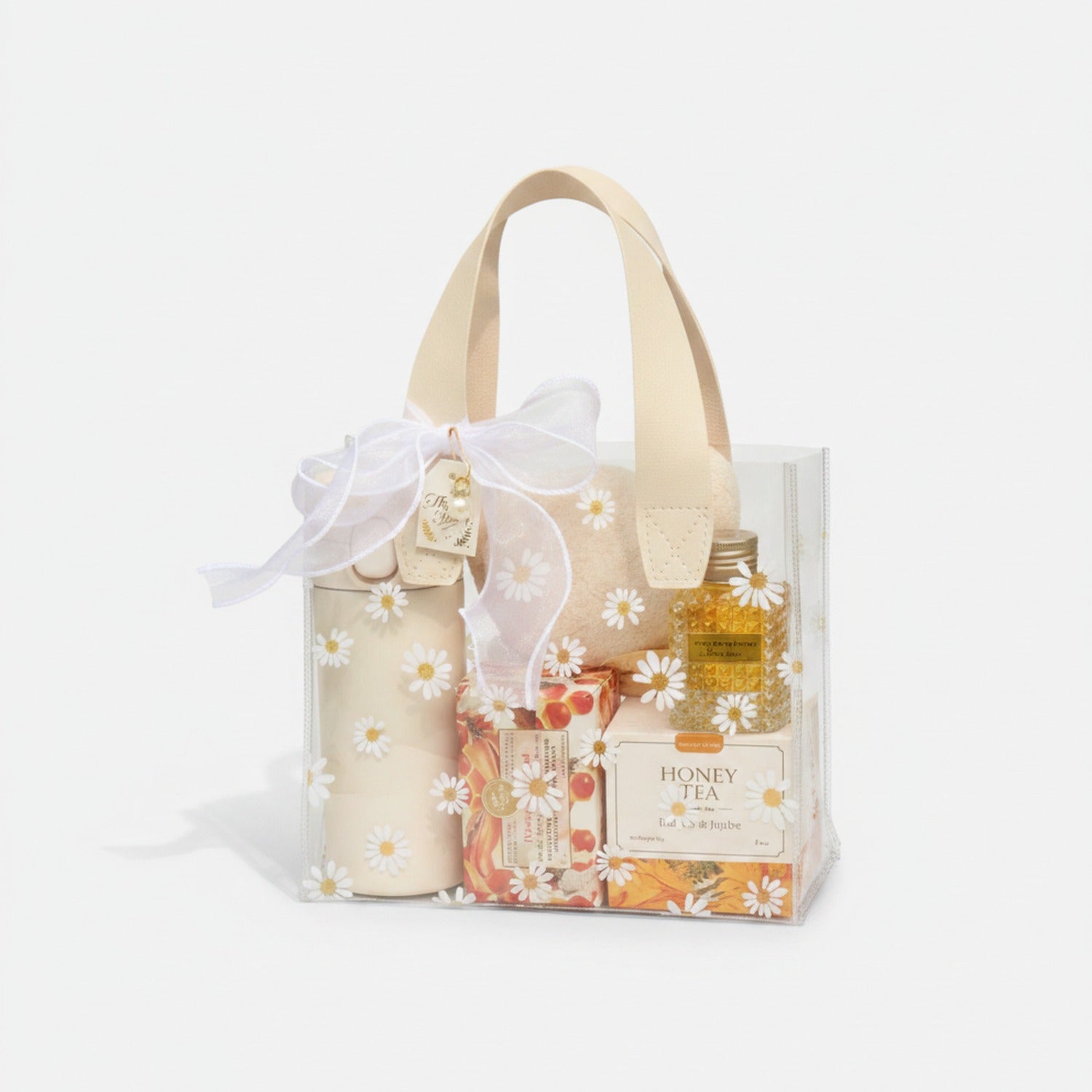 Daisy Clear PVC Gift Bag with Handle - Cream Daisy + Fish Tail Tulle + Pearl (Large 25×23×14.5cm)