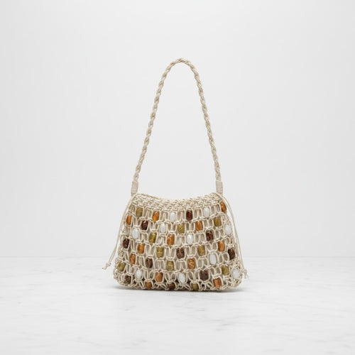 Beaded Macramé Shoulder Bag With Natural Stone Accents