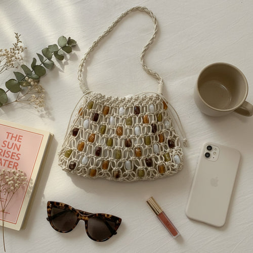 Beaded Macramé Shoulder Bag With Natural Stone Accents – apparel accessories (view 2)