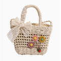 Woven Straw Basket Bag With Flower Charms - Cream White – apparel accessories (view 1)