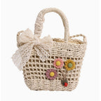 Woven Straw Basket Bag With Flower Charms - Cream White – apparel accessories (view 1)