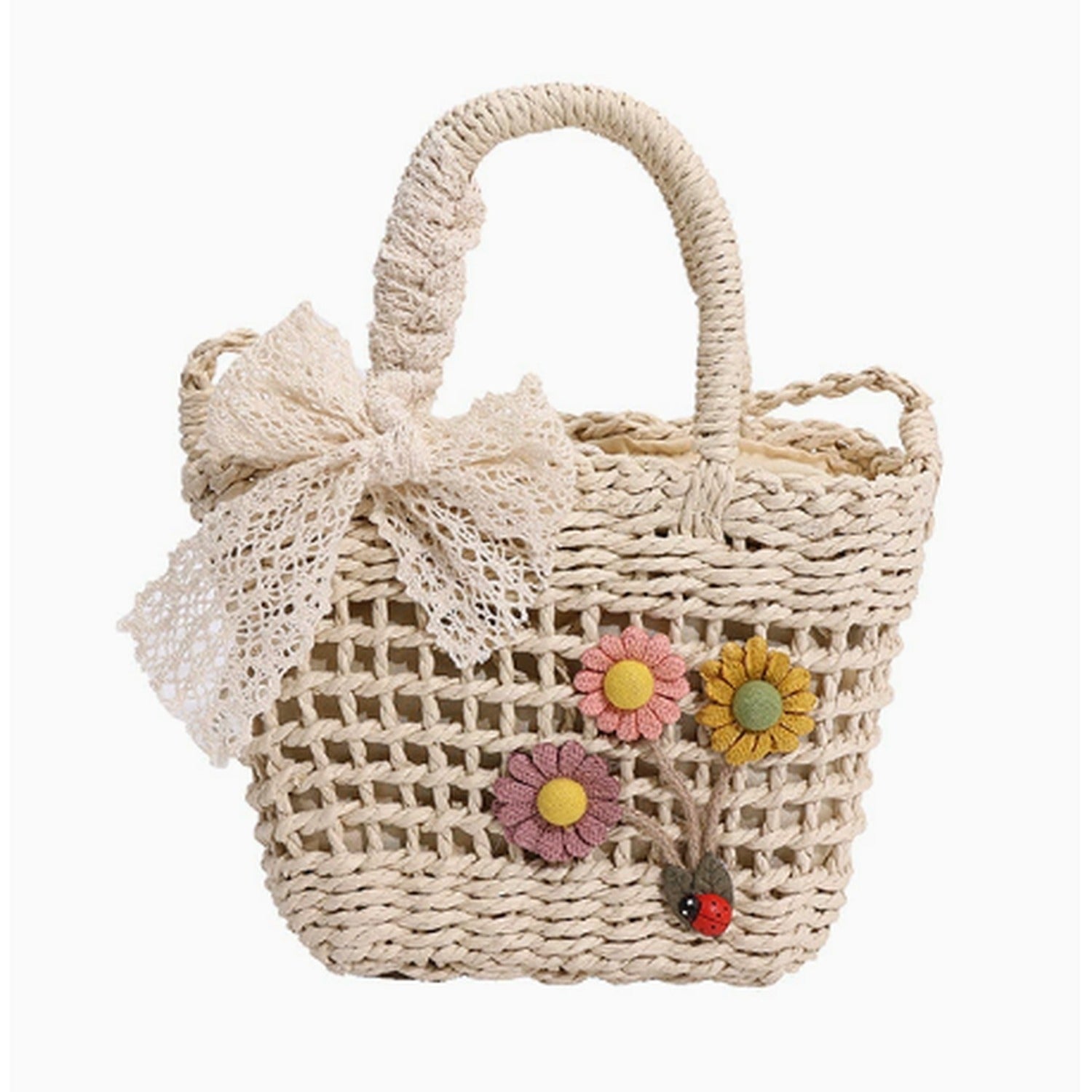 Woven Straw Basket Bag With Flower Charms - Cream White – apparel accessories (view 1)