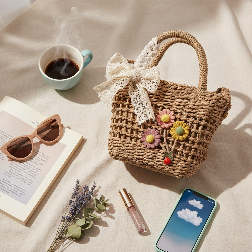 Woven Straw Basket Bag With Flower Charms - Khaki – apparel accessories (view 2)