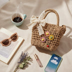 Woven Straw Basket Bag With Flower Charms - Khaki – apparel accessories (view 2)