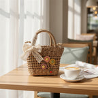 Woven Straw Basket Bag With Flower Charms - Khaki – apparel accessories (view 3)