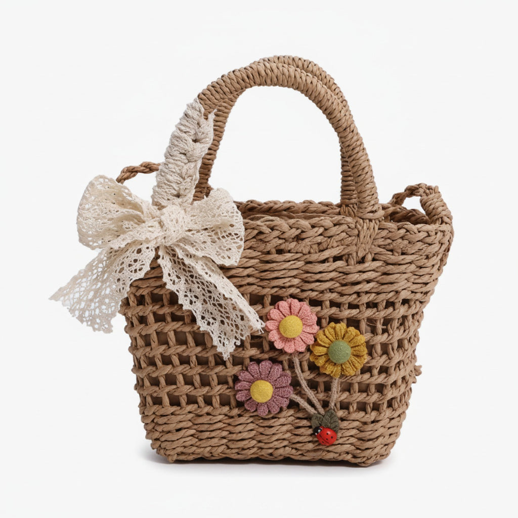 Woven Straw Basket Bag With Flower Charms - Khaki – apparel accessories (view 1)