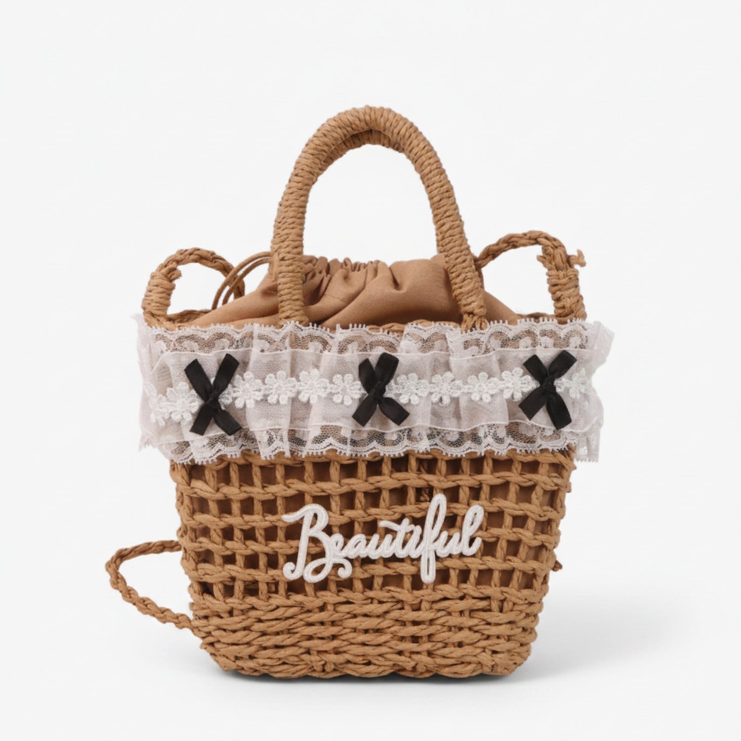 Woven Straw Basket Tote Bag with Lace Bow Trim - Khaki – apparel accessories (view 1)