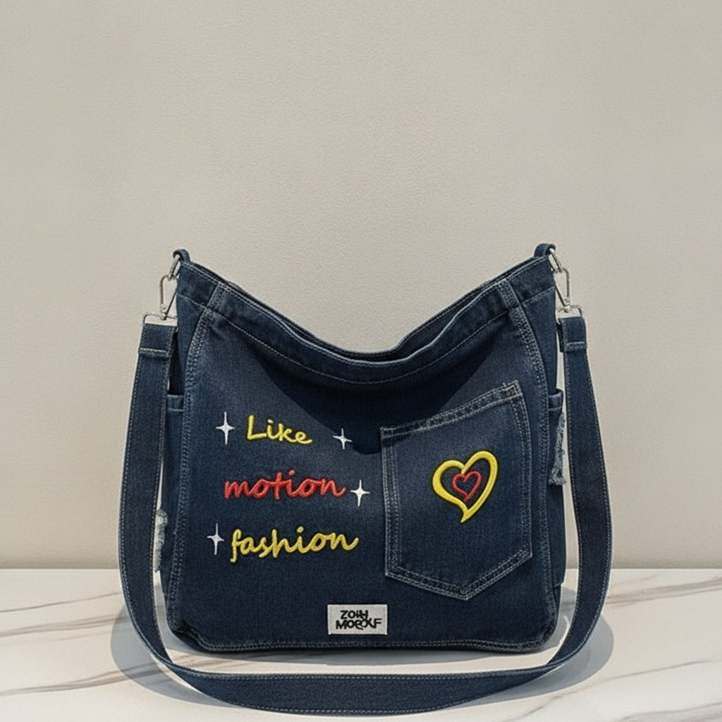 Denim Shoulder Tote with Embroidered Heart Design – bags & wallets (view 2)