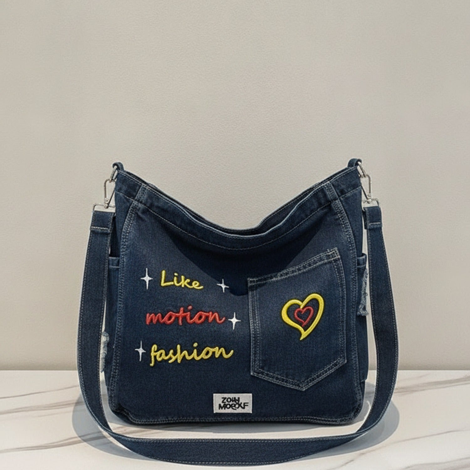 Denim Shoulder Tote with Embroidered Heart Design – bags & wallets (view 2)